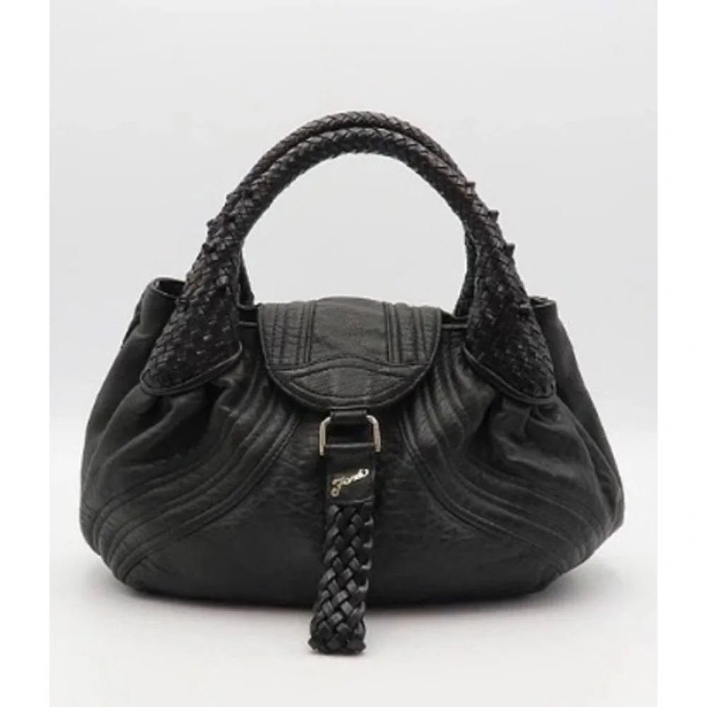Fendi Spy Bag Black Nappa Leather Woven Top Handle Hobo Bag AU22177